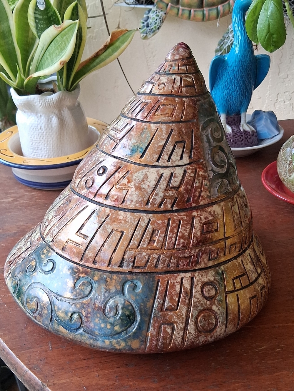 Hieroglyphic Spiral Sea Shell  Ceramic Carved Sculpture Pyramid Multicolor Art.